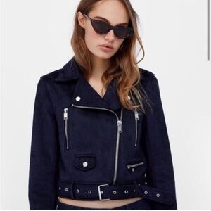 Zara Navy Biker Suede Jacket